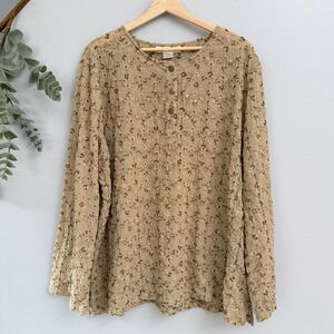 Serengeti Blouse Tan Cottagecore Earthy Floral Embroidered Crinkle Gauze Henley